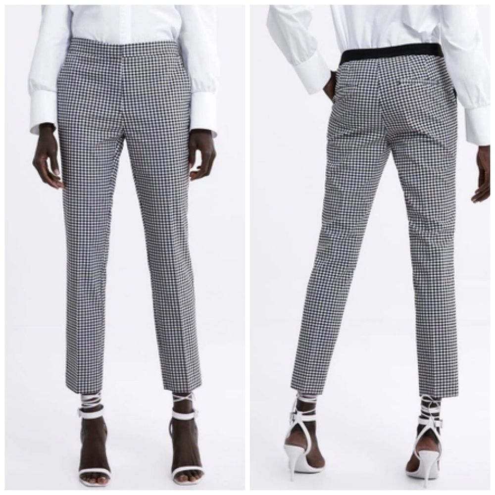 Zara Houndstooth Plaid Mid Rise Elastic Waist Ankle Length Jogger Pants Trousers
